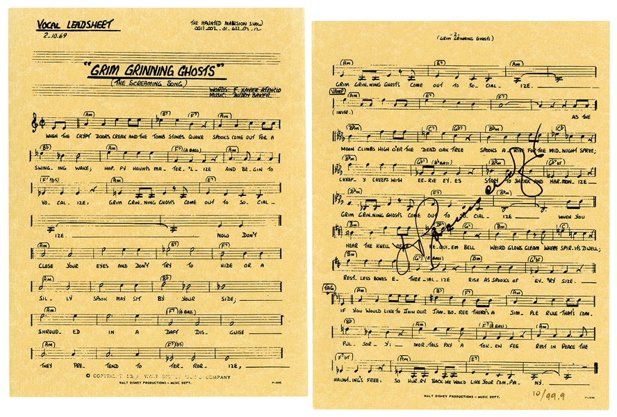 Facsimile Lead Vocal Sheet of “Grin Grinning Ghosts” Signed by Thurl Ravenscroft