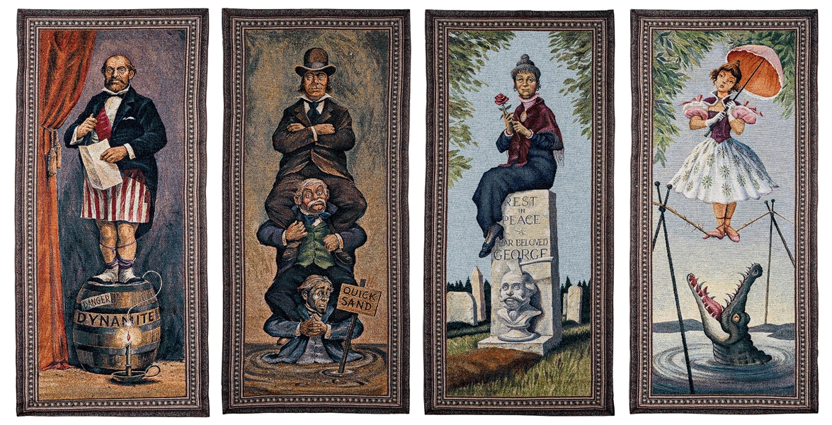 Set of Four Haunted Mansion Stitching Room Tapestries.