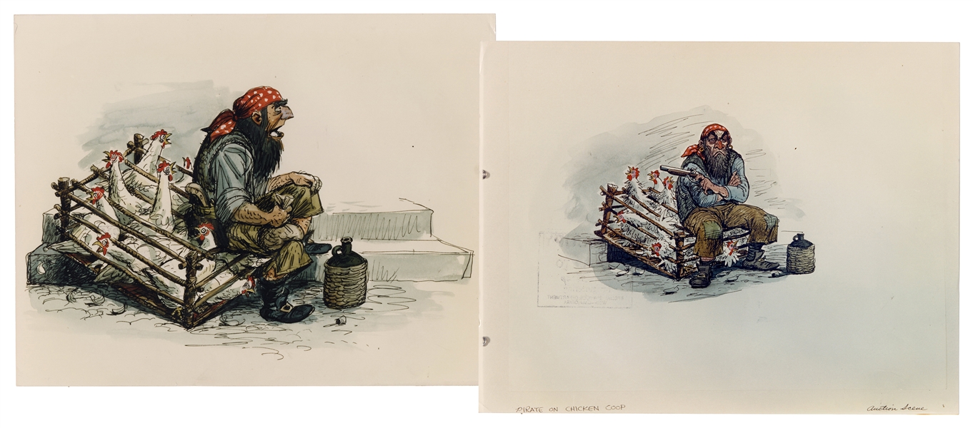 Set of Two Original WDI Photostats of Pirate with Chickens by Marc Davis.