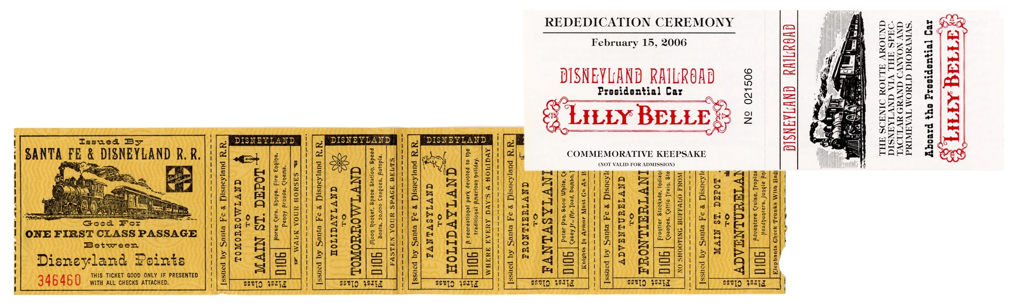 Disneyland Railroad 1955 Ticket and Lilly Belle Ticket.