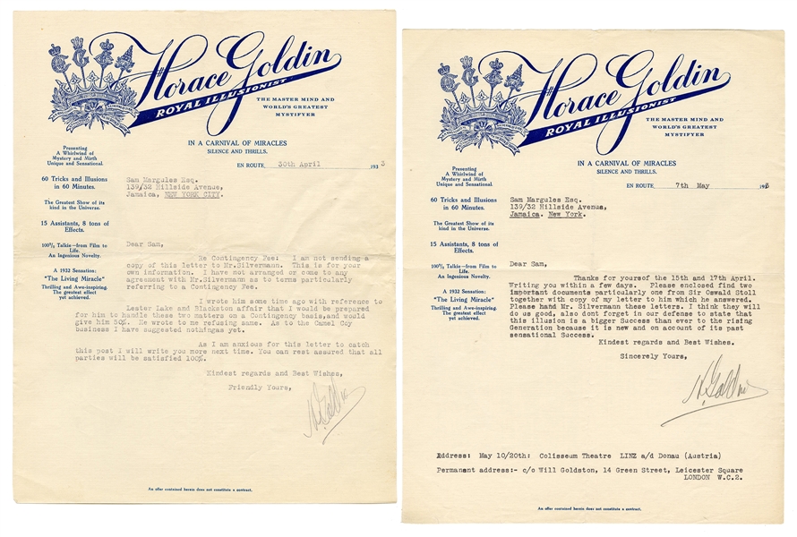 Pair of Horace Goldin Letters Regarding “Sawing in Half” Illusion Lawsuit.