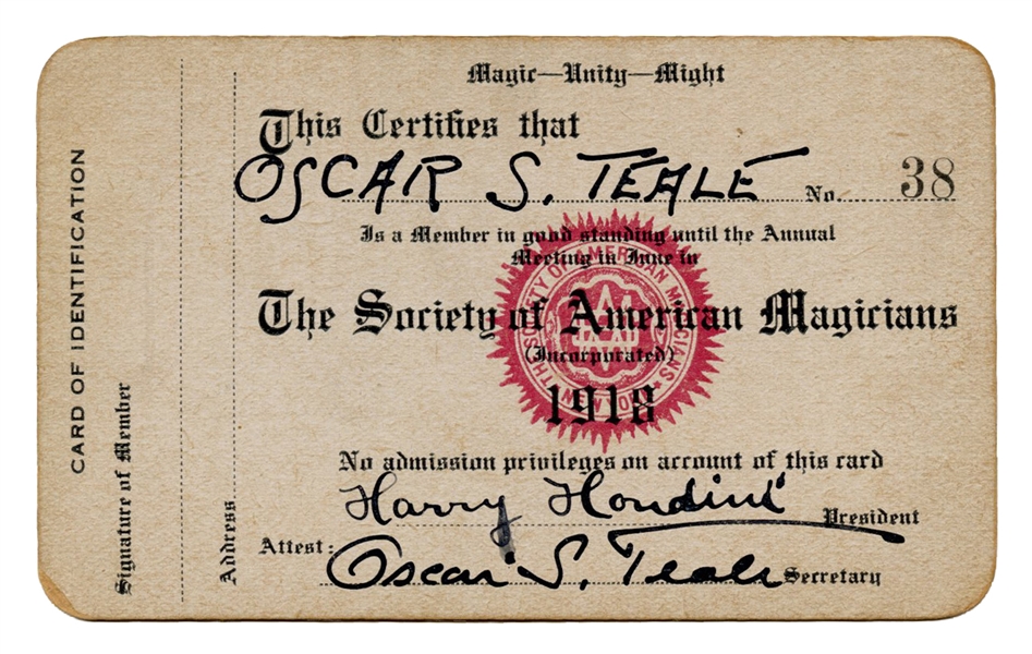 Harry Houdini Signed S.A.M. Membership Card.
