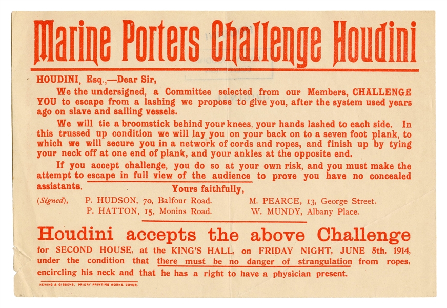 Houdini Escape Challenge Handbill.