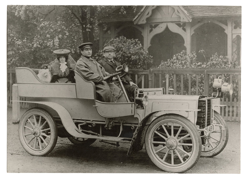 Photograph of Harry Houdini, Bess Houdini, and Martin Beck in Automobile.