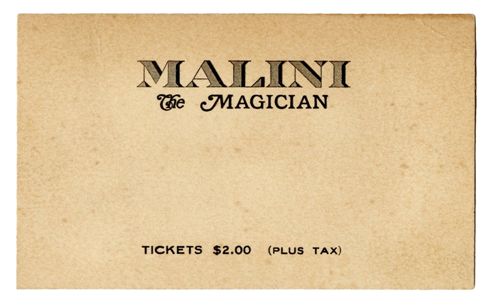 Malini the Magician Ticket Advertising Card.