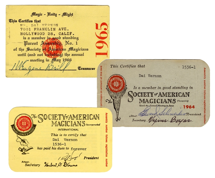 Three Dai Vernon SAM Membership Cards.