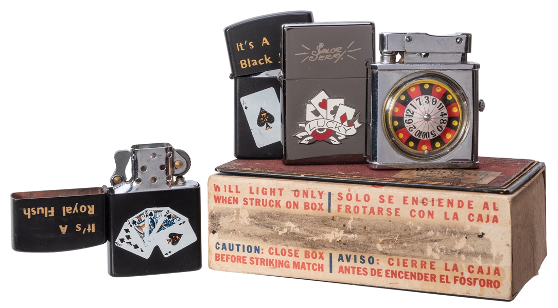  Five Gambling Related Cigarette Lighters and Match Holders.