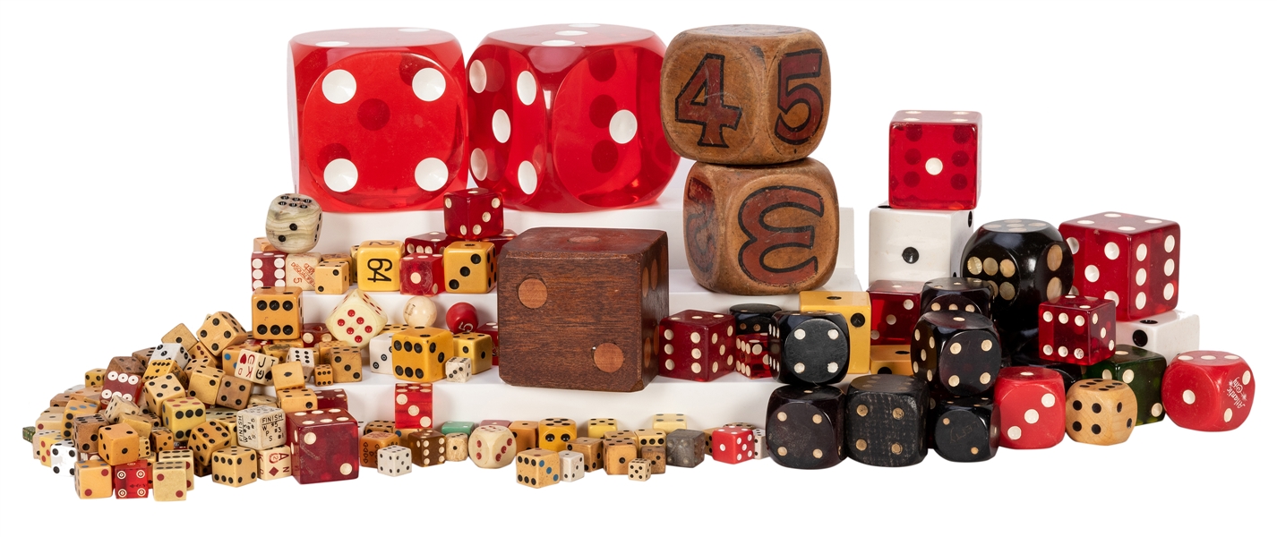  Collection of Vintage Dice including Bakelite Lucite, Plastic, and Wooden.