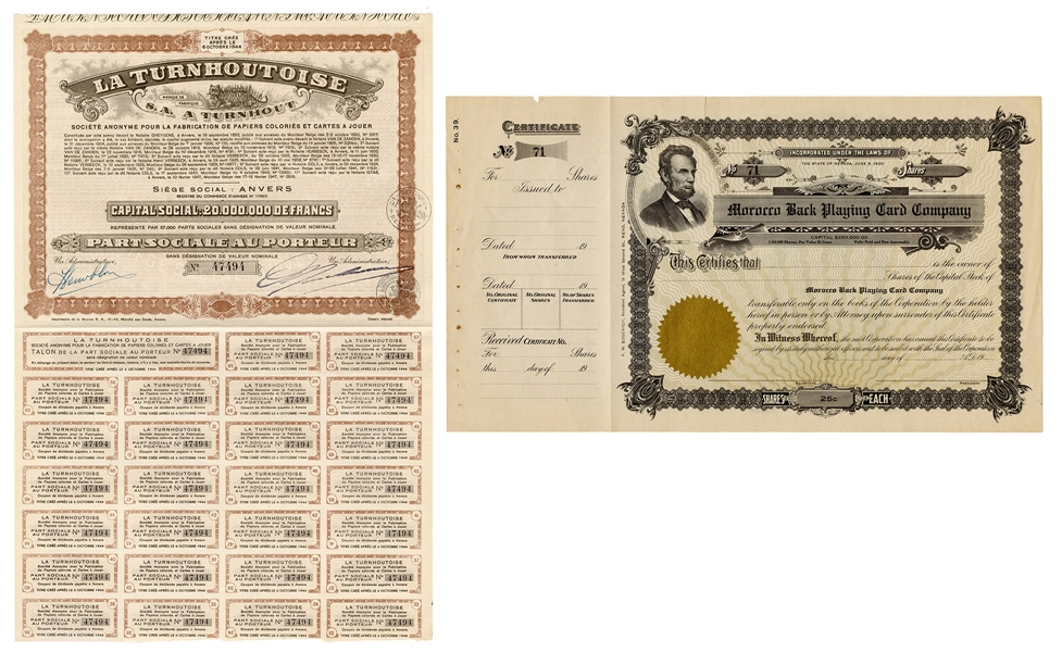  Two Playing Card Co. Stock Certificates. 