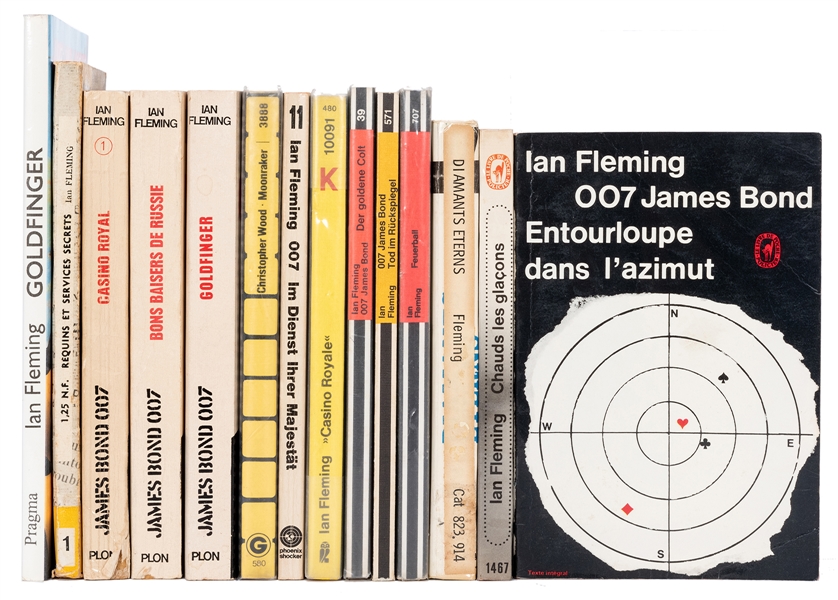 Shelf of Fourteen Foreign James Bond Paperbacks.