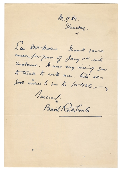Basil Rathbone Autographed Letter Signed.