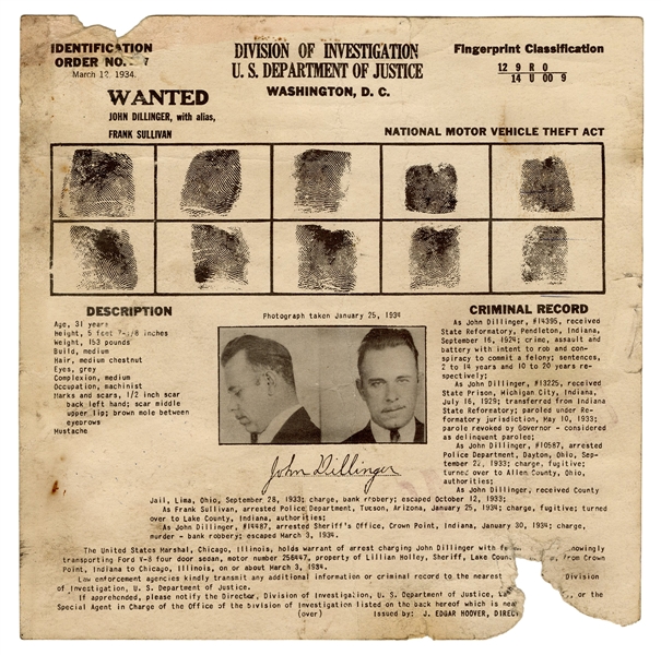 John Dillinger FBI Wanted Broadside.