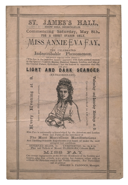  Fay, Anna Eva. Anna Eva Fay Program. Circa 1875. Bi-fold le...