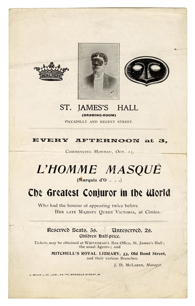  L’Homme Masque. St. James’s Hall Handbill of L’Homme Masque...