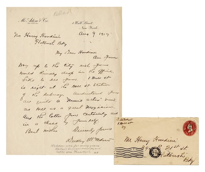  [Houdini] McAdow, Dudley. Letter to Houdini from Kellar and...