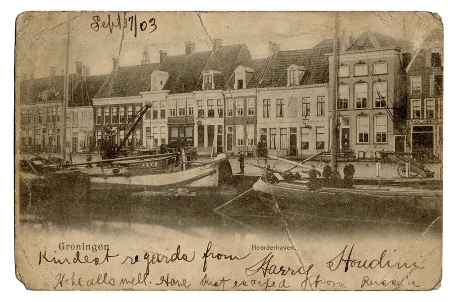  Houdini, Harry (Ehrich Weisz). Postcard Annotated and Signe...