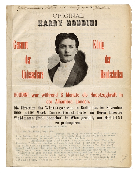  Houdini, Harry (Ehrich Weisz). Houdini TLS on Pictorial Bro...