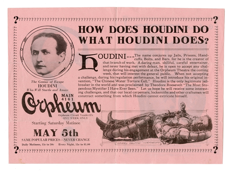  Houdini, Harry (Ehrich Weisz). Houdini Orpheum Theater Hand...