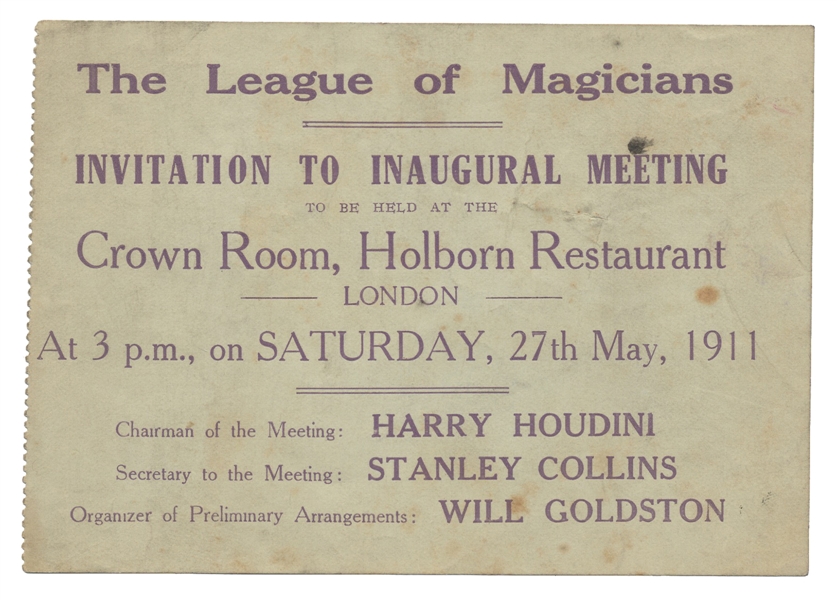 Houdini, Harry (Ehrich Weisz). League of Magicians Inaugura...