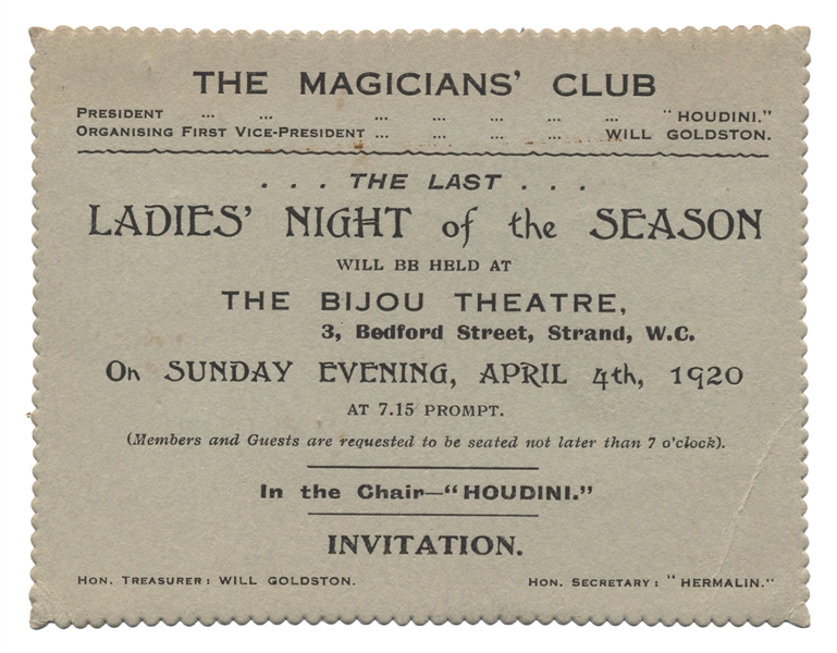  Houdini, Harry (Ehrich Weisz). Magicians’ Club Ladies’ Nigh...
