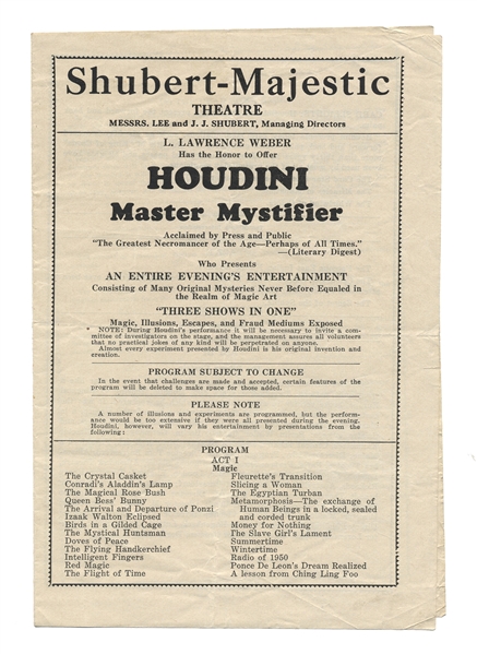  Houdini, Harry (Ehrich Weisz). Houdini Final Tour Theatre P...