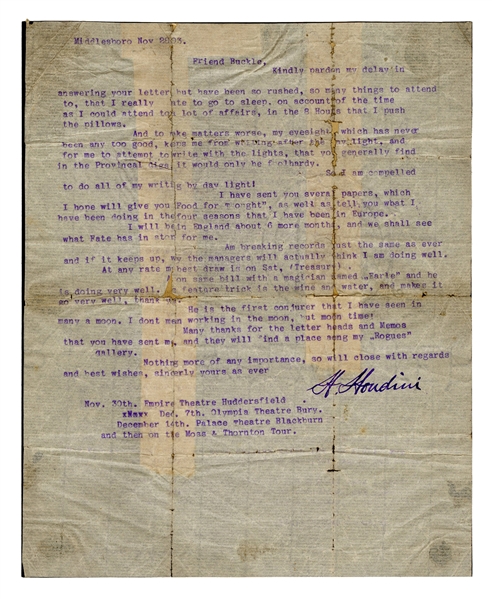  Houdini, Harry (Ehrich Weisz). Houdini Typed Letter.