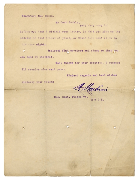 Houdini, Harry (Ehrich Weisz). Early Houdini Typed Letter.