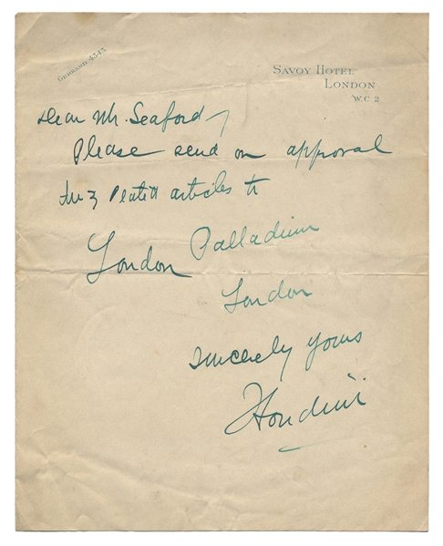  Houdini, Harry (Ehrich Weisz). Houdini Autograph Letter Si...