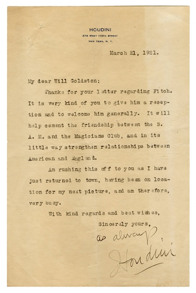  Houdini, Harry (Ehrich Weisz). Houdini Typed Letter Signed...