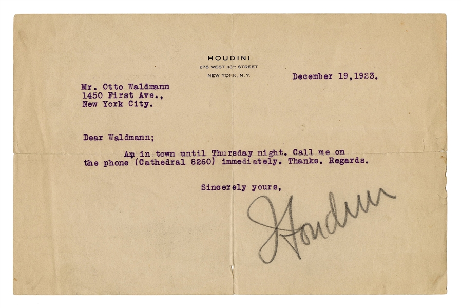  Houdini, Harry (Ehrich Weisz). Harry Houdini Typed Letter ...