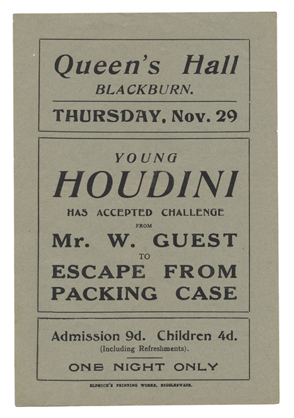  [Houdini Imitator] Young Houdini Challenge Handbill. Biggle...