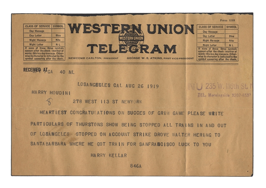  Kellar, Harry (Heinrich Keller). Kellar Telegram to Harry H...