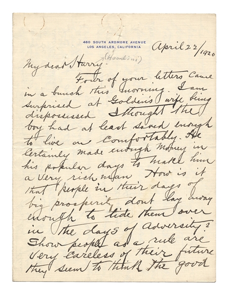  Kellar, Harry (Heinrich Keller). Important Kellar Letter to...