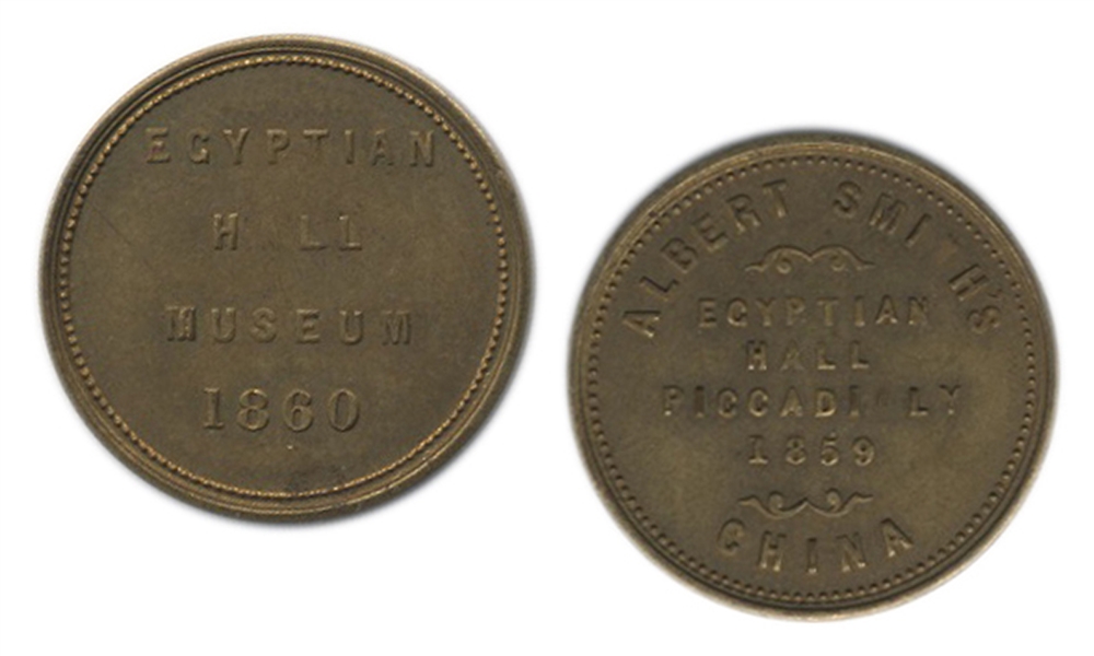  Two Egyptian Hall Museum Tokens. London 1859-60. Brass tok...