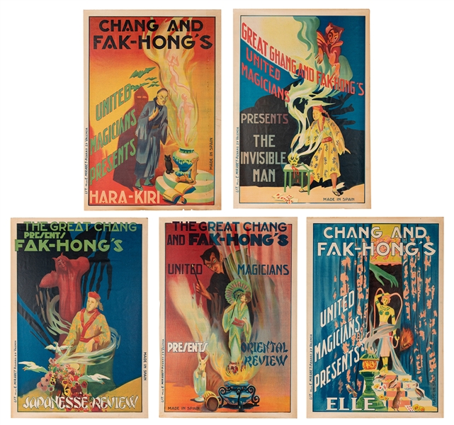 Five Chang and Fak Hong Magic Posters. Spain ca. 1920s. Co...