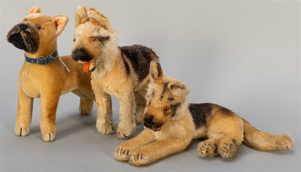  Trio of Vintage Steiff Dogs. German Shepherds and Boxer. In...