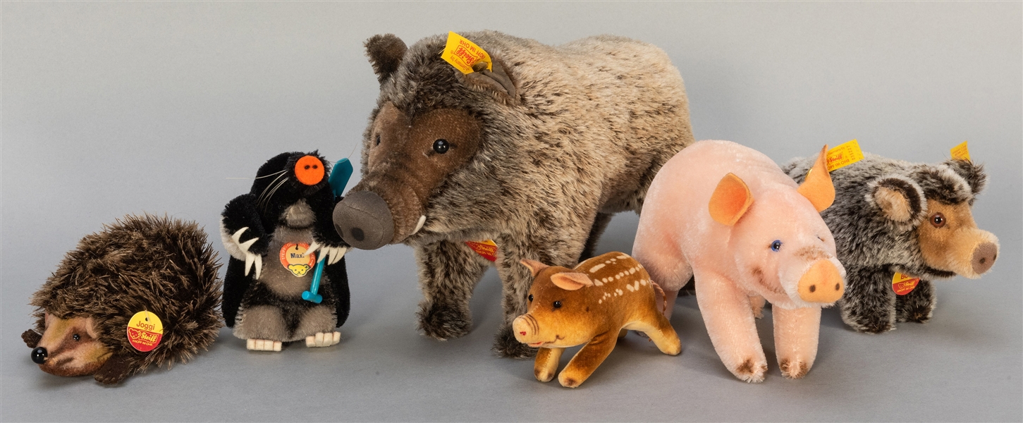  Steiff Boars, Pig, and Hedgehog Group. Six animals, includi...