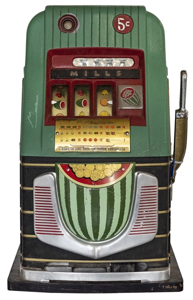  Mills 5 Cent “Melon Bell” Slot Machine. 26 x 16 x 15”. With...