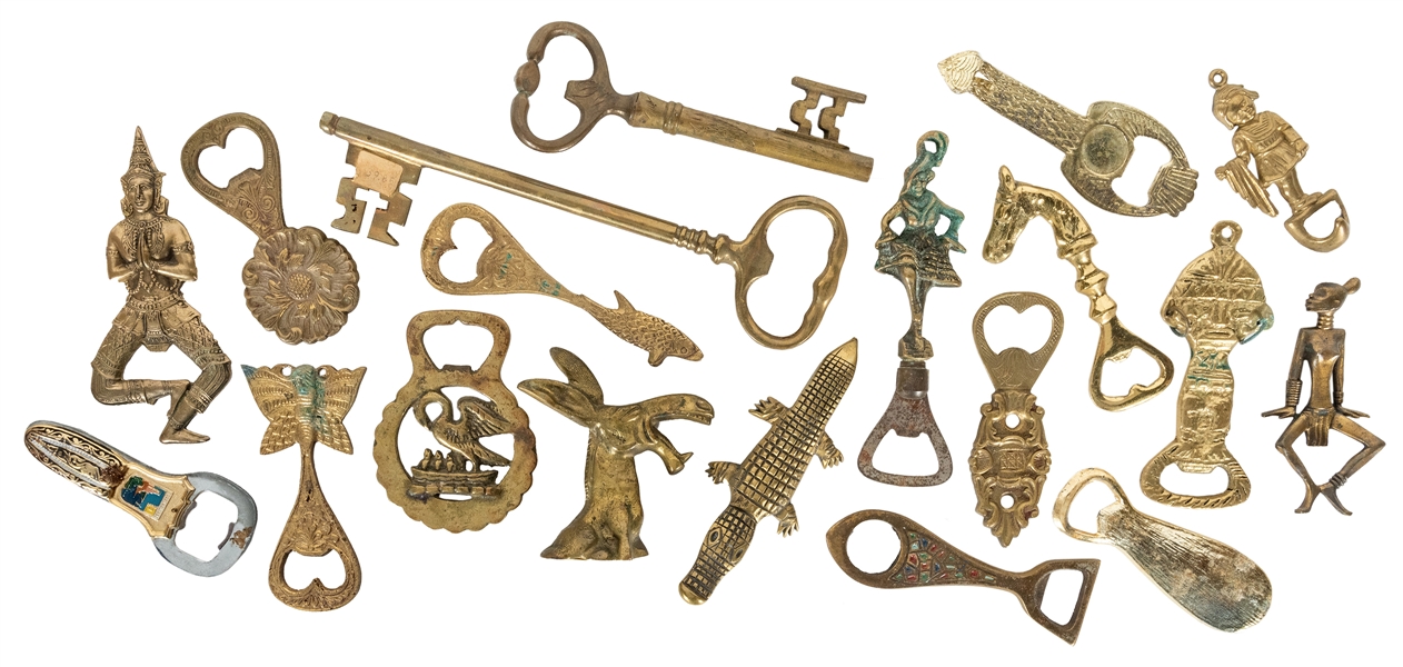  Lot of Over 20 Bottle Openers. Majority cast brass and figu...