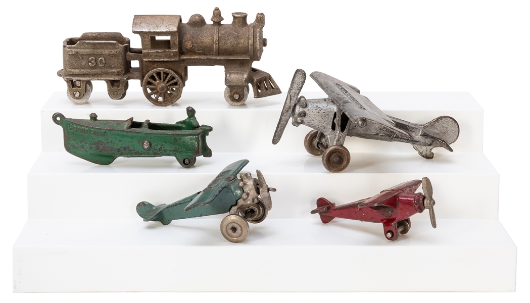  Lot of 5 Cast Metal Toys. Including a speedboat; three airp...