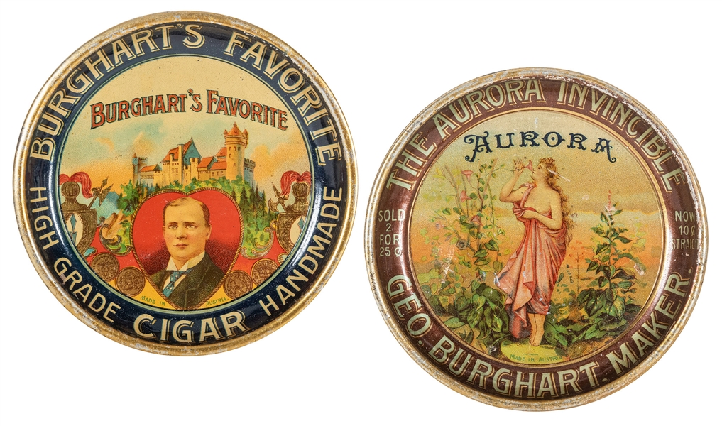  Burghart’s Favorite Cigar Tip Trays. Austria, ca. 1900. 2 L...