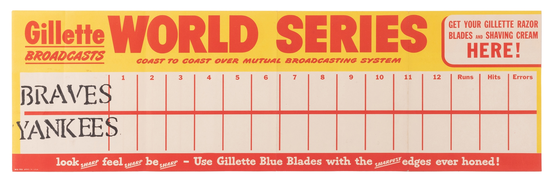 Yankees vs. Braves World Series Gillette Advertising Scoreb...