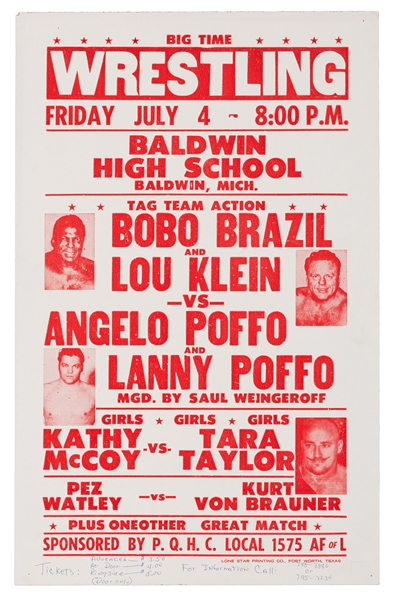  Michigan Wrestling Poster. Bobo Brazil, Lou Klein, and Othe...