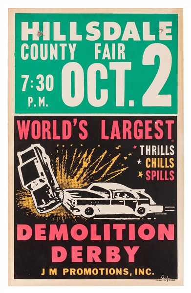  Demolition Derby Poster. Hillsdale County Fair. 1971. Windo...