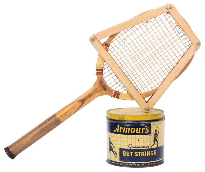  Early Tennis Racket and Gut Strings Tin. Consisting of a St...