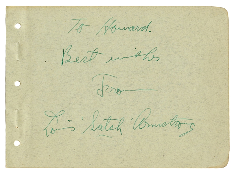  Louis Armstrong Signed Album Page. Signed in green ink on a...