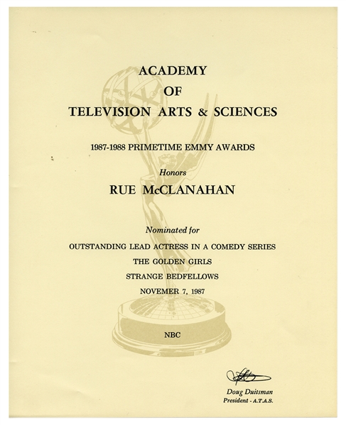  Rue McClanahan Emmy Awards Nomination Certificate. 1988. Of...