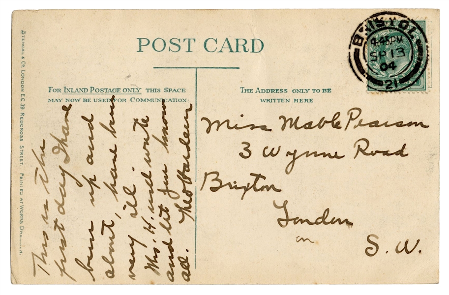  Hardeen, Theo. Theo Hardeen Autograph Postcard Signed. 1904...