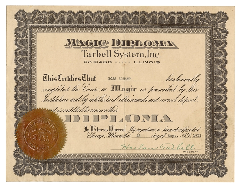  Harlan Tarbell Course in Magic Signed Diploma. Chicago, 193...