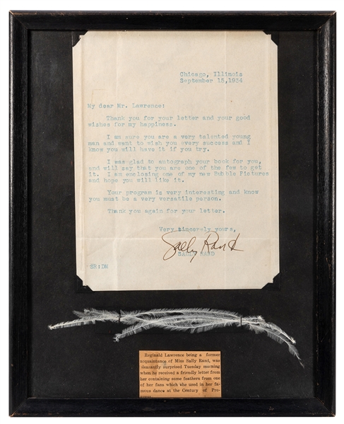  Sally Rand. Typed Signed Letter. Chicago, 1934. Framed with...
